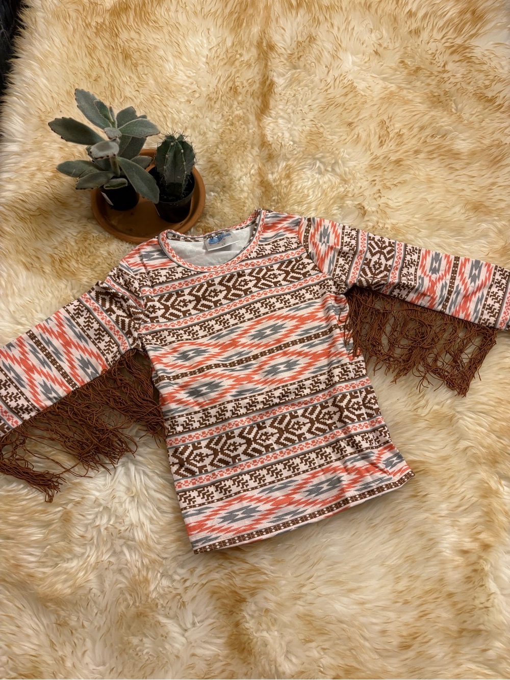 3T Kids Aztec Print Fringe Sleeve Top - Coral & Brown